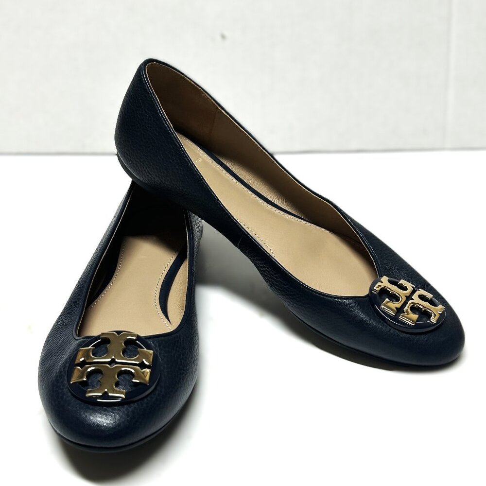 Tory Burch Navy Leather Logo Ballet Flats with Gold Emblem